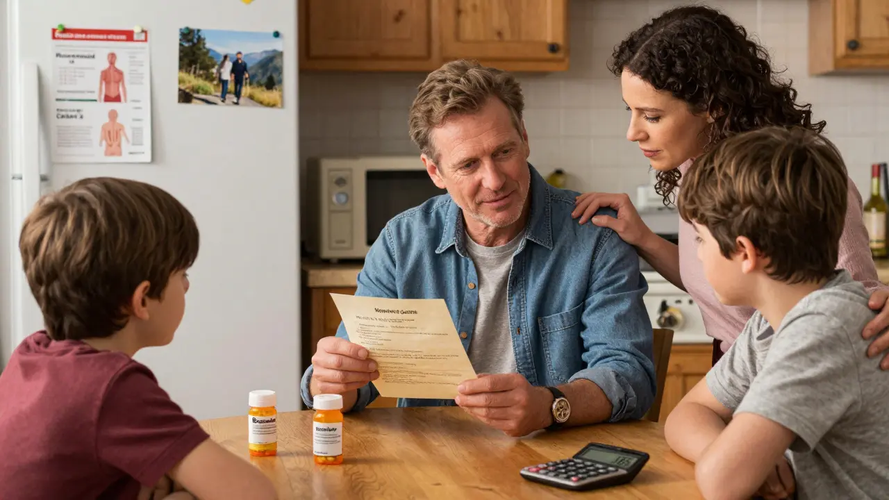 Family at kitchen table celebrating biologic drug savings with medical chart on fridge