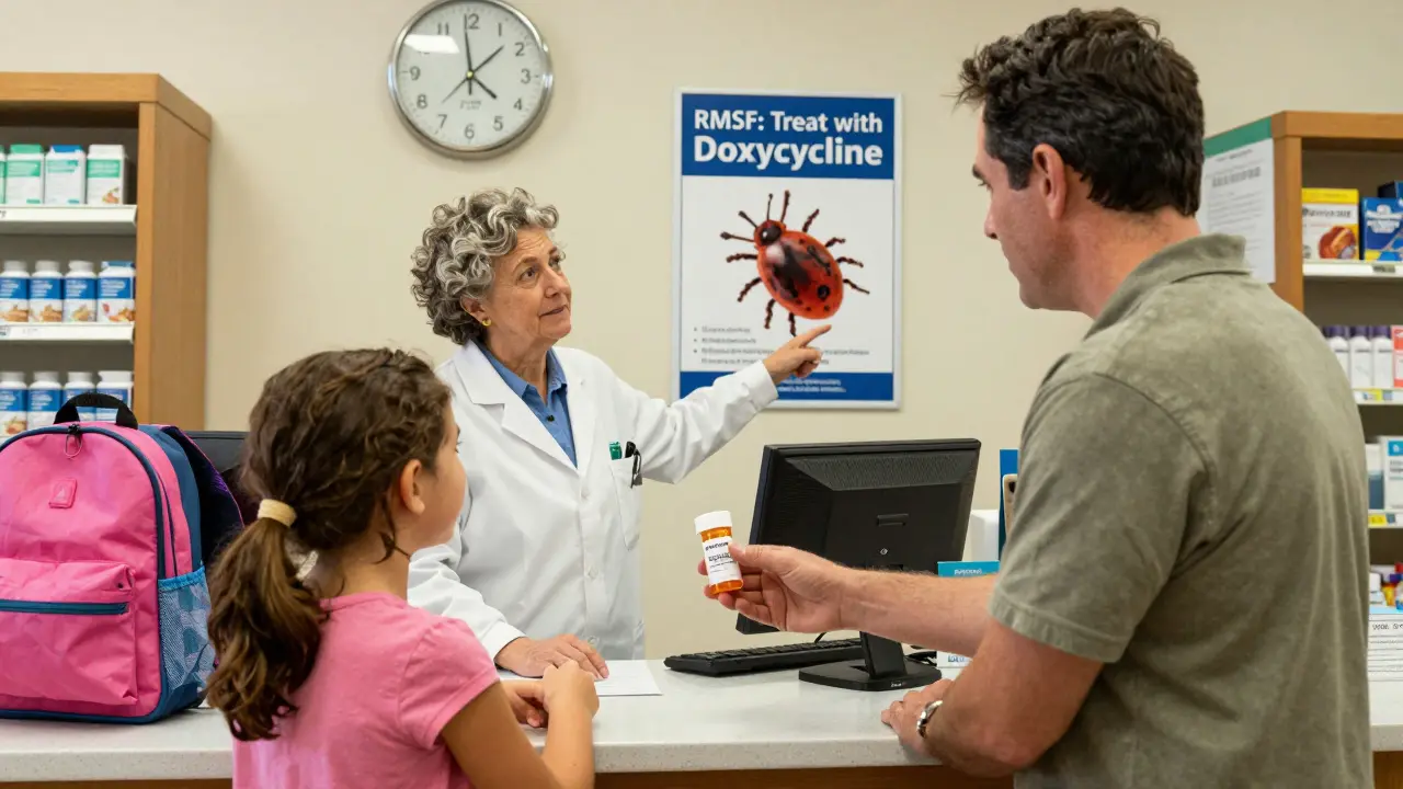 Father gives doxycycline prescription at pharmacy, pharmacist points to CDC guideline about tick-borne illness.