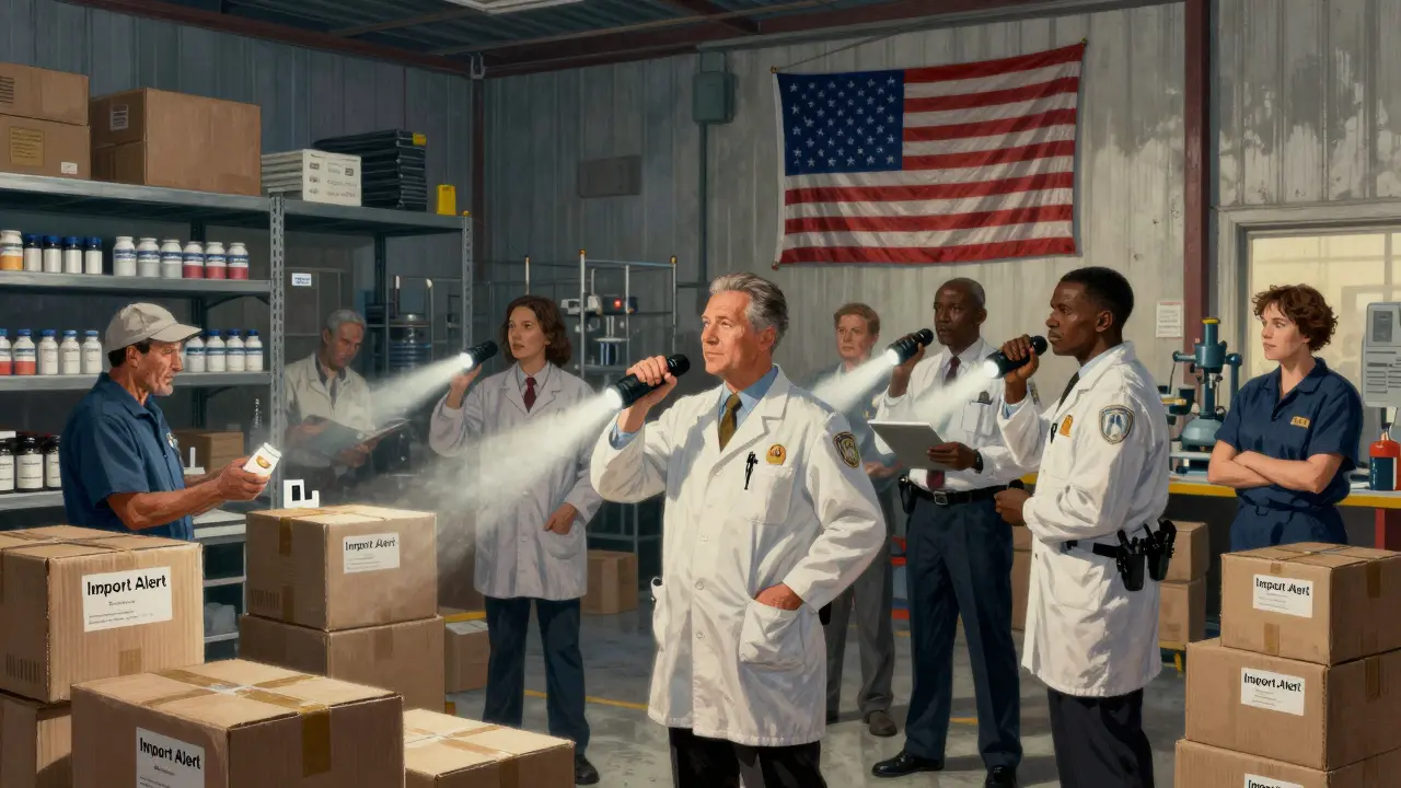 FDA inspectors arrive at a foreign-made supplement factory at dawn, confronting workers with import alerts.