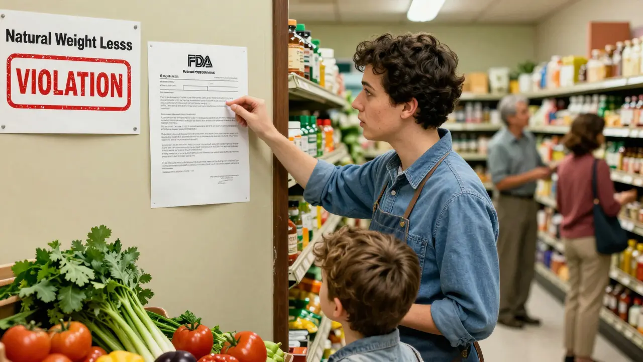 Grocery store owner reads an FDA warning letter about unapproved supplements while customers shop nearby.