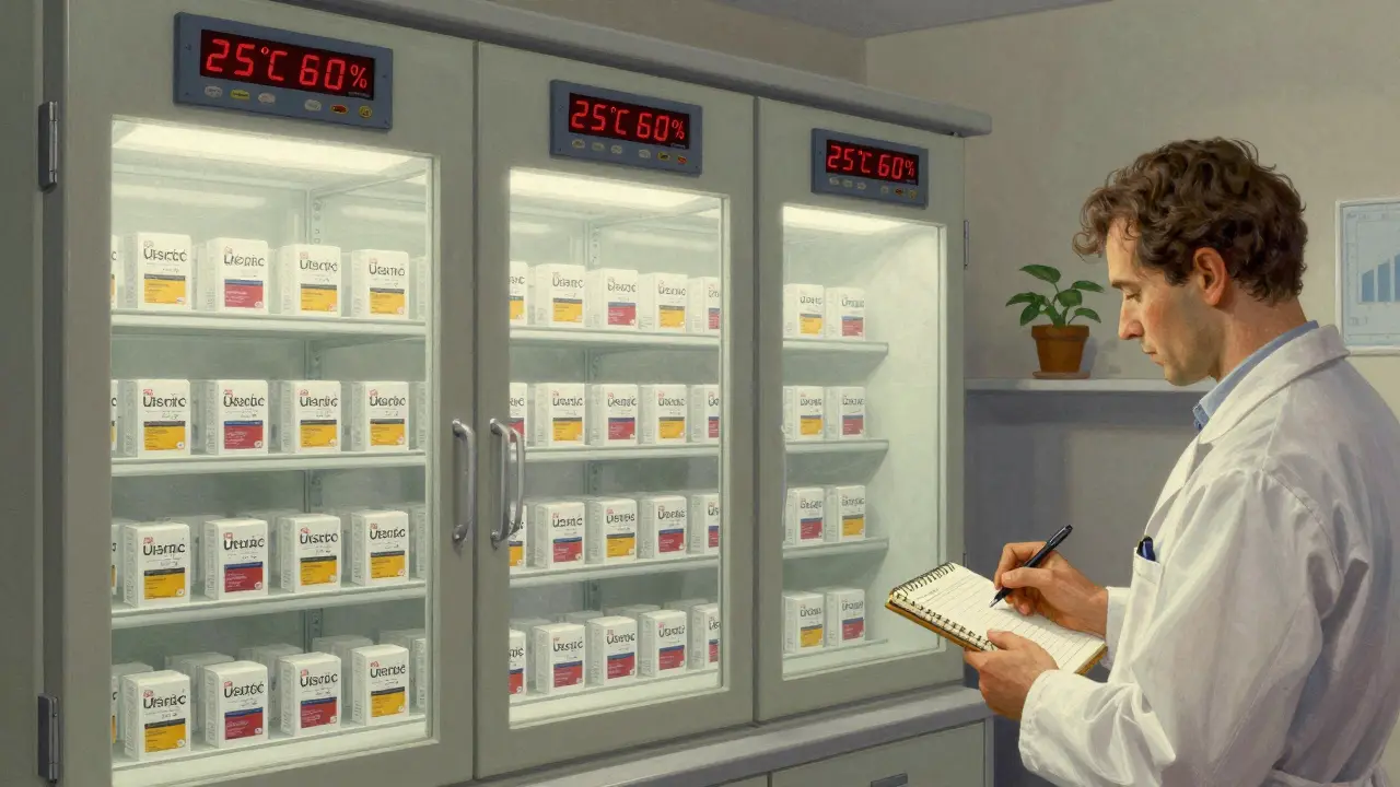 Inside a climate-controlled lab, rows of drug packages are monitored by digital readouts showing temperature and humidity levels.