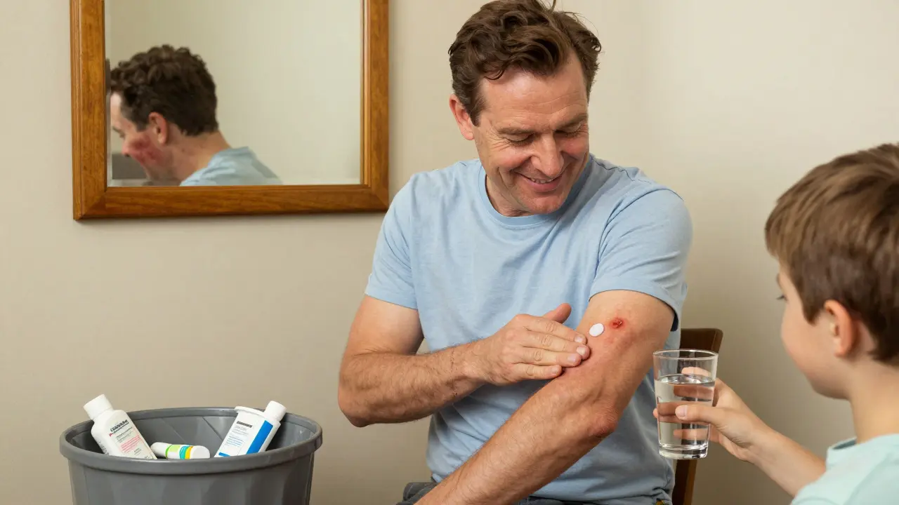 Man applying petroleum jelly to a healed cut, with discarded allergy-causing ointments in the trash.