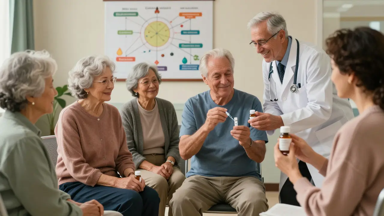 Older adults in a clinic waiting room, one holding a long-acting HIV injection, with a doctor offering reassurance.