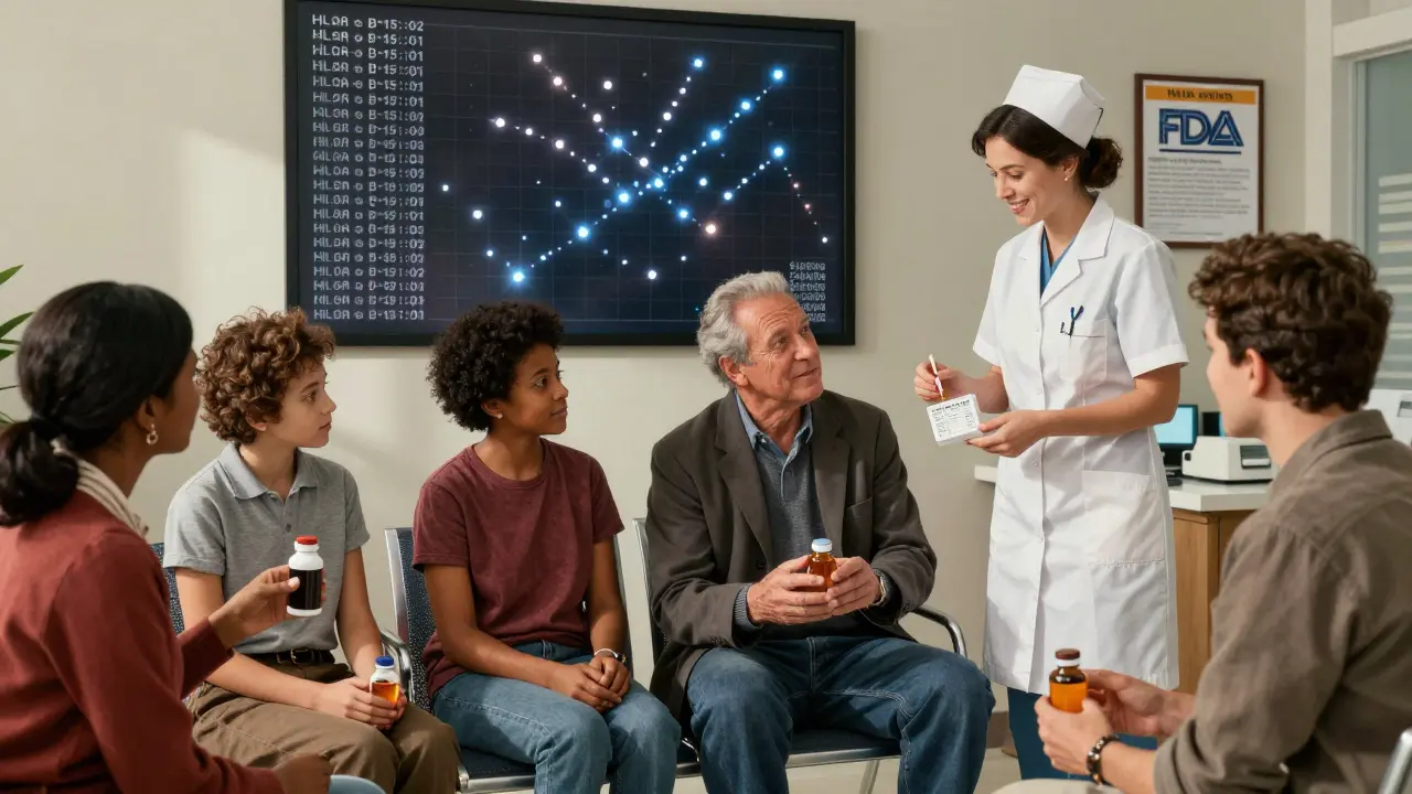 Patients in a clinic wait as a genetic testing chart glows on the wall, symbolizing personalized medicine.