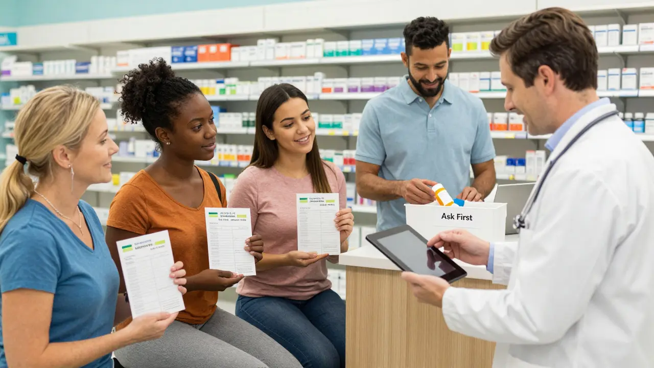 Patients in a pharmacy holding medication records as a pharmacist assists them.
