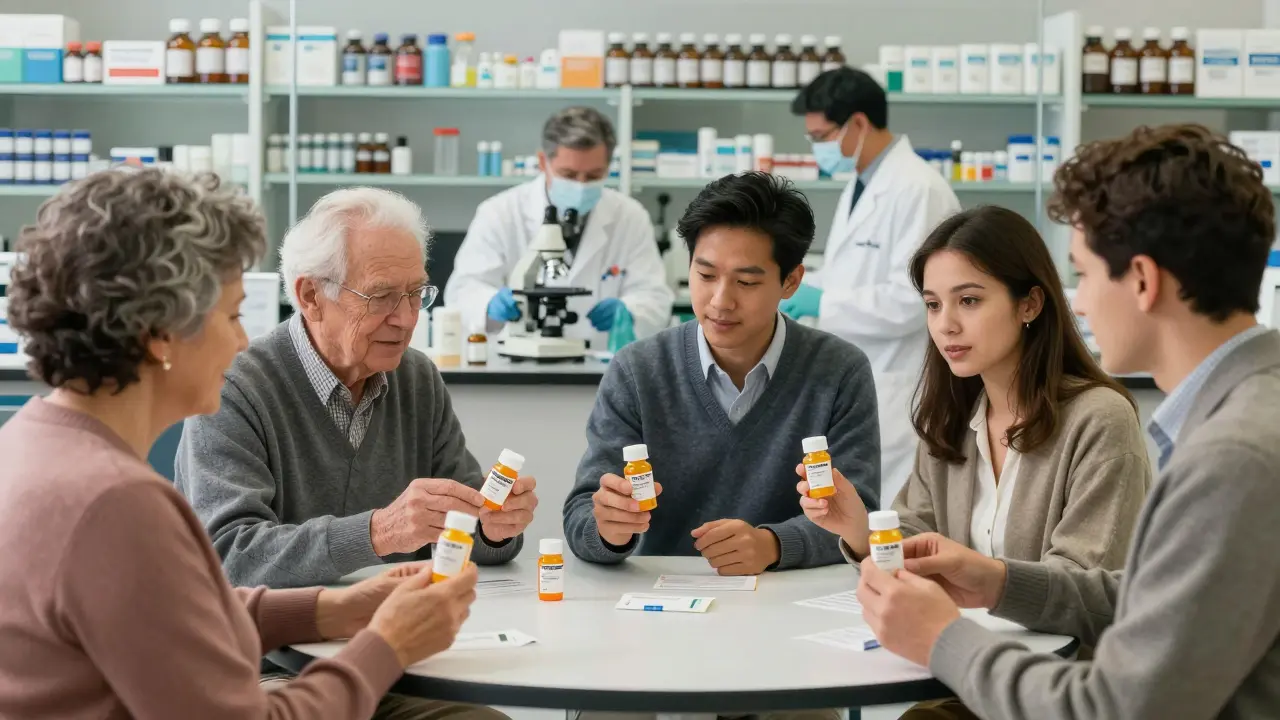Patients receive prescriptions at a pharmacy while scientists work behind a glass wall, symbolizing hidden quality control behind every medication.