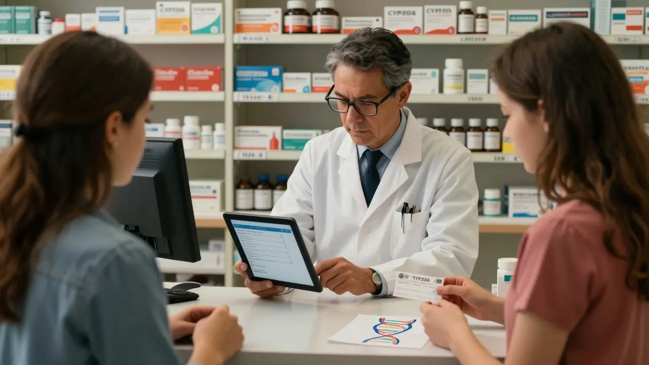 Pharmacist reviewing genetic test results with a patient at a pharmacy counter filled with medication shelves.