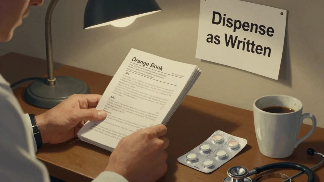 Pharmacist reviewing the FDA Orange Book under a lamp, pointing to an AB2 therapeutic equivalence code.