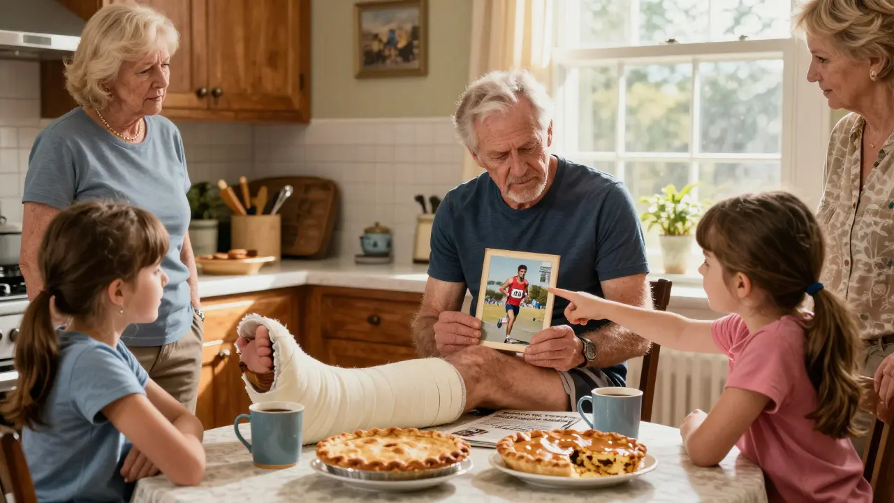 Retired athlete with a leg cast, looking at a marathon photo while family reads about fluoroquinolone risks at the kitchen table.