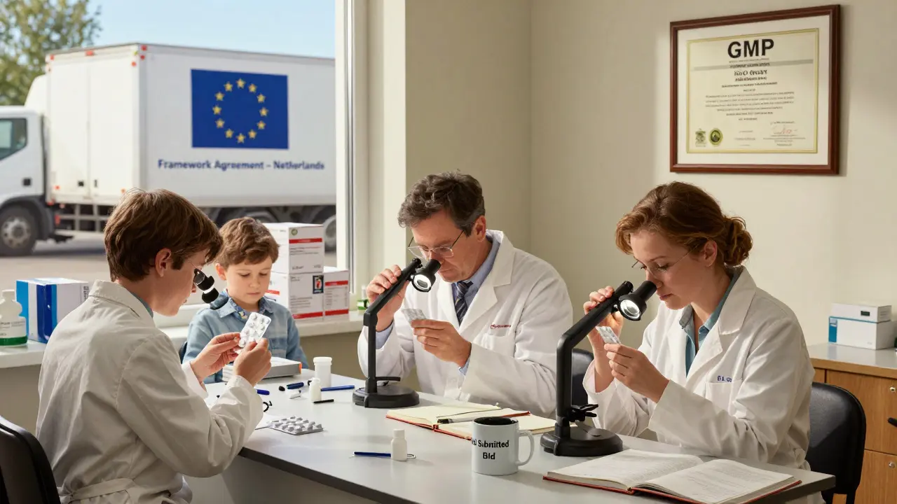 Small lab workers inspecting insulin packaging with quality certificates on the wall, morning light streaming through the window.