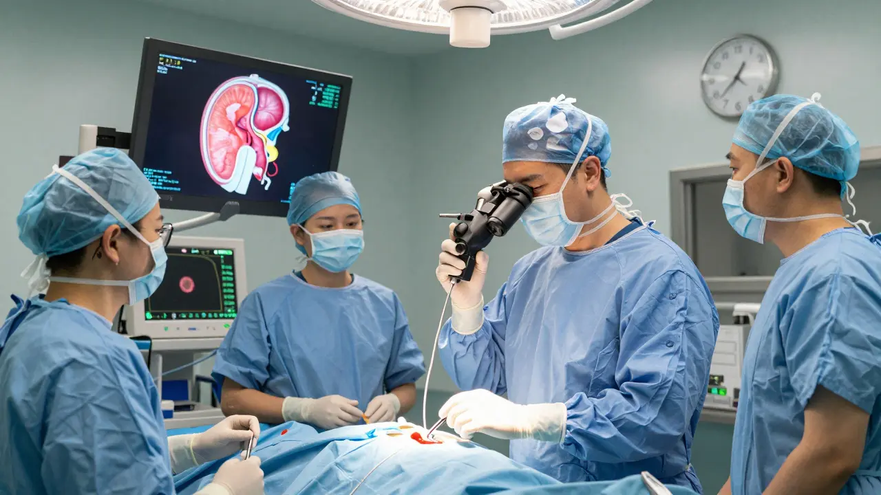 Surgeon performing precise pituitary surgery with advanced holographic imaging in operating room.