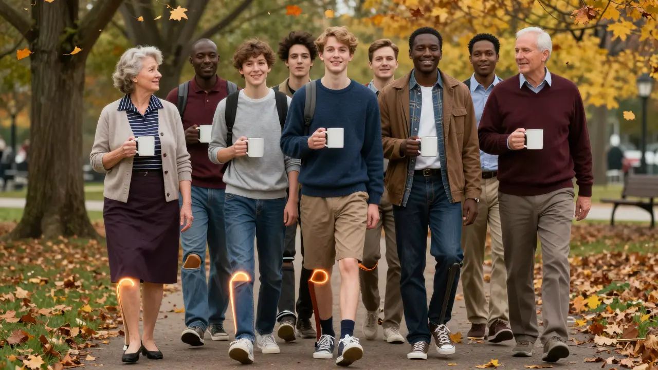 Three individuals with CRPS enjoying coffee in a park, showing recovery and quiet triumph.