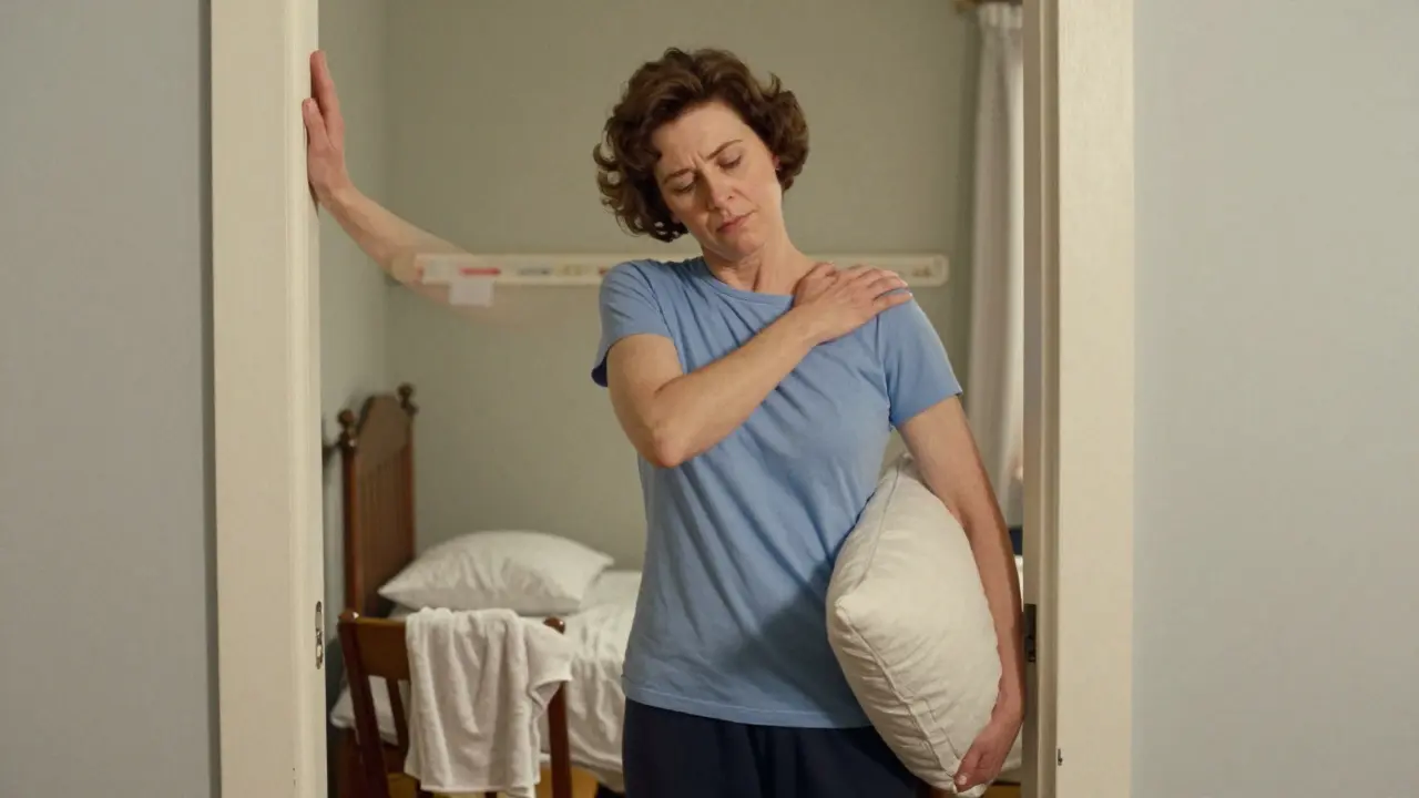 Woman stretching her shoulder in a doorway, calm and focused, with pillow and towel nearby.