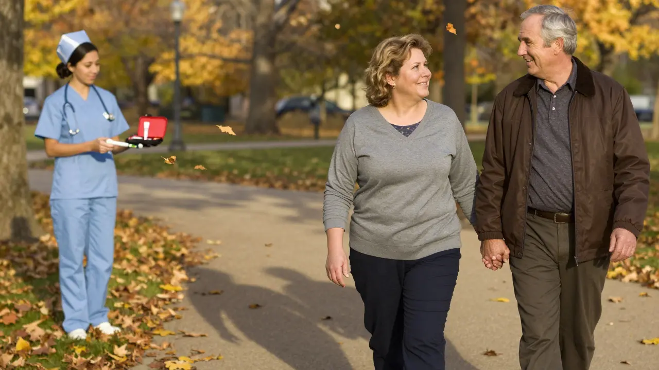 Woman walking in park after successful Cushing’s surgery, showing renewed health and carrying emergency medication.