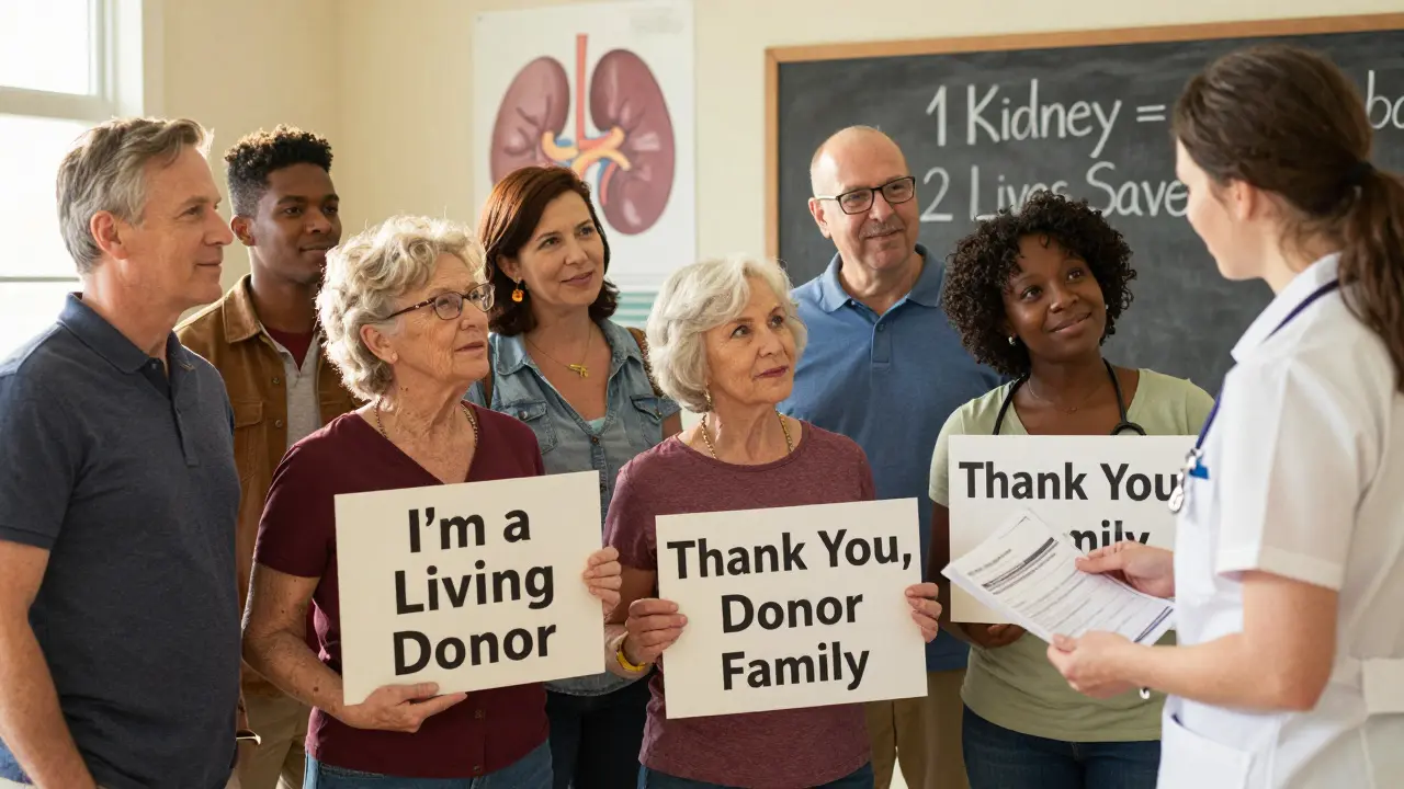 A diverse group of people gather in a community center, celebrating living donation with signs and a nurse handing out educational brochures.