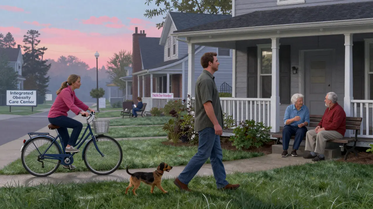 A diverse neighborhood where people of all sizes move and connect, with a subtle message about health over numbers.