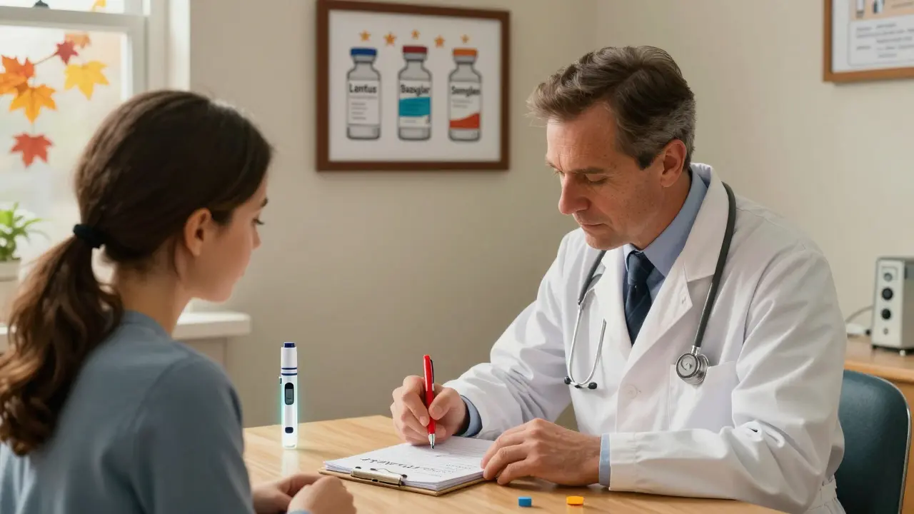 A doctor and patient reviewing a glucose logbook with insulin vial illustrations on the wall.