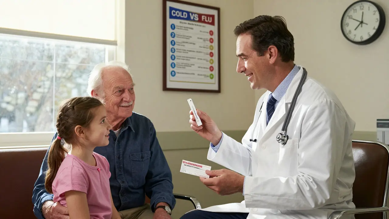 A doctor giving flu medication to an elderly man and his granddaughter in a warm clinic.