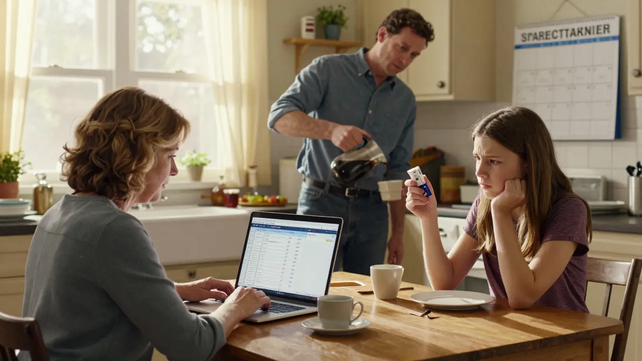 A family in a kitchen discusses prescription shortages over breakfast, with a laptop showing a drug tracker app.
