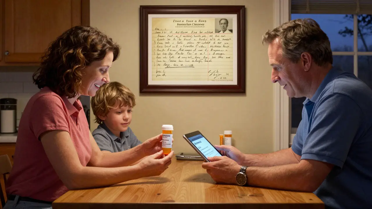 A family reads clear medication instructions at home, replacing old confusing abbreviations with plain English.