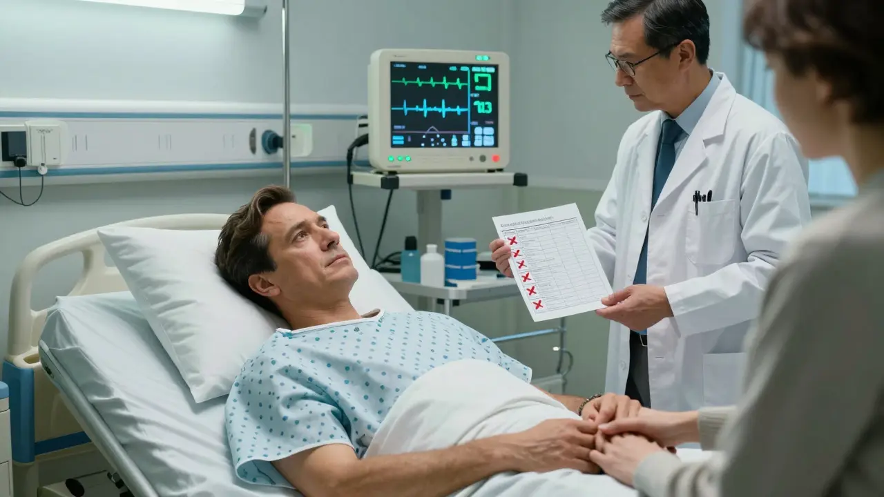 A man in an ICU bed is surrounded by medical monitors as a pharmacist reviews his medication chart with red warnings.