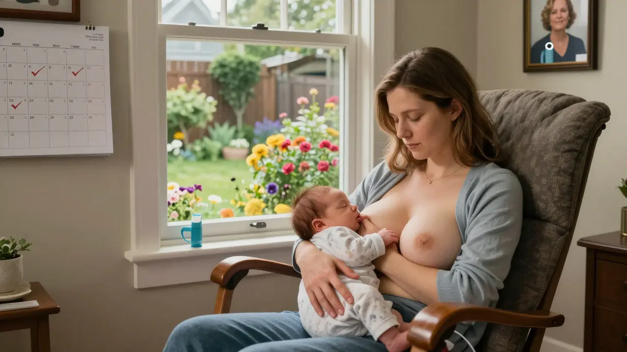 A mother breastfeeding peacefully beside her inhaler, with a calendar marking regular doctor visits.