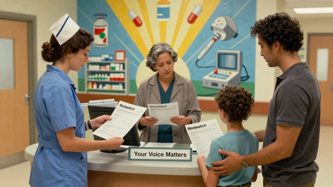 A nurse, pharmacist, and caregiver submitting MedWatch forms at a hospital kiosk, with a mural of medical products in the background.