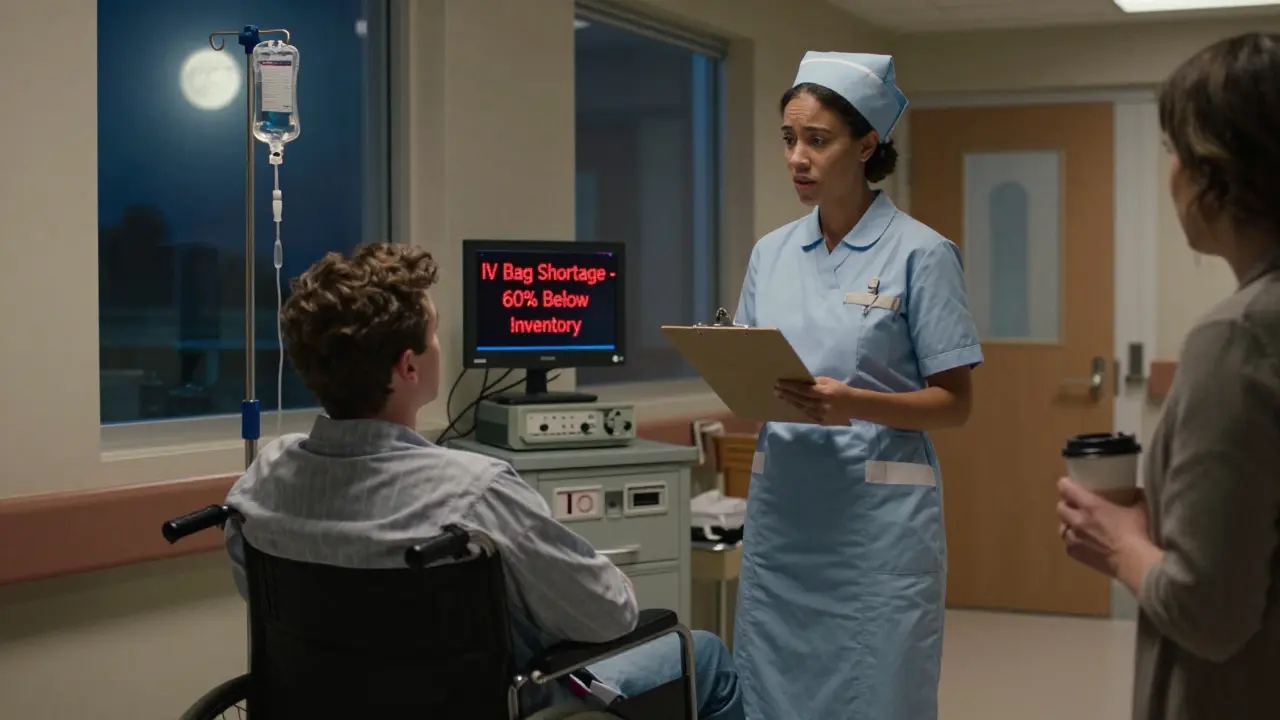 A nurse speaks to a patient in a wheelchair in a hospital hallway, with a digital screen showing an IV bag shortage.