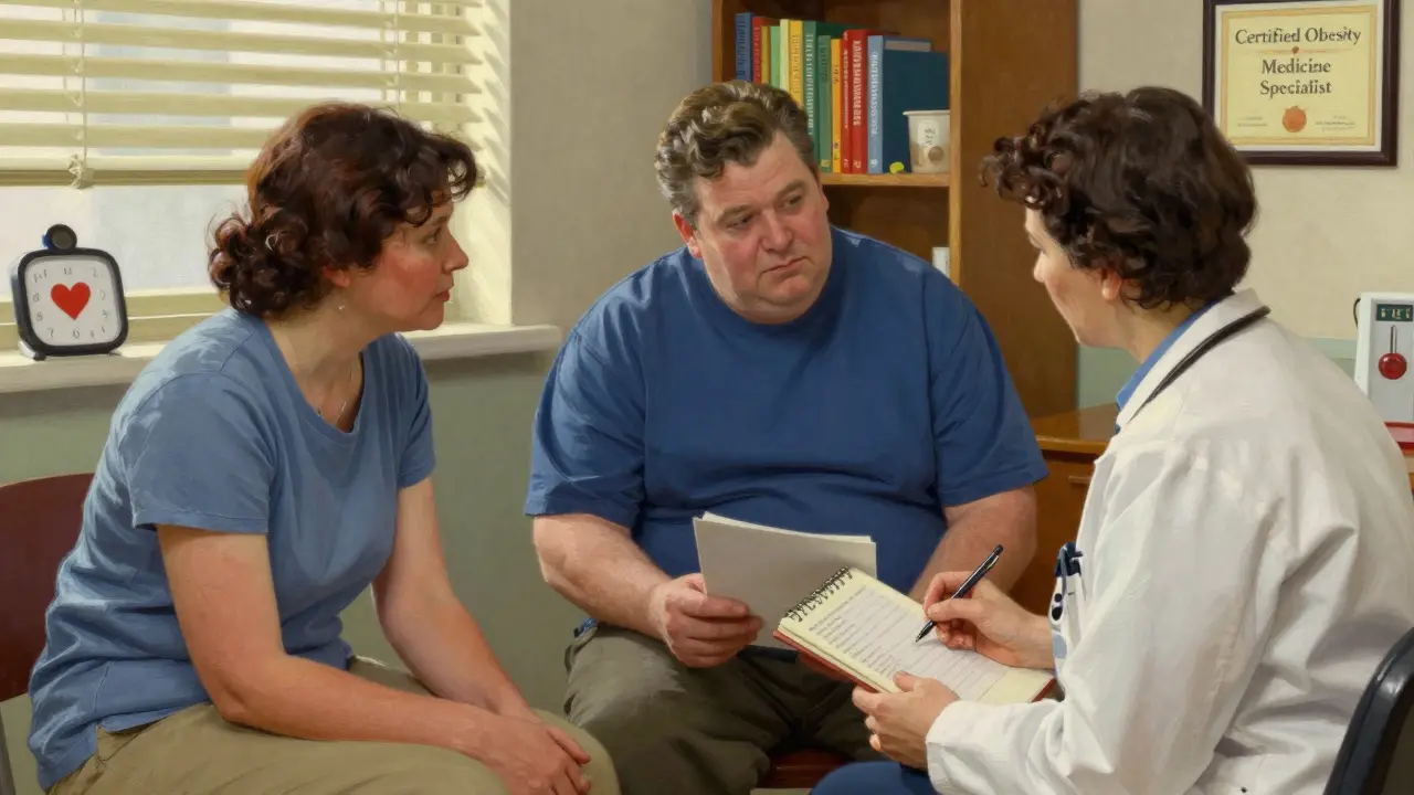 A patient meets with a dietitian and therapist in a clinic, focusing on health rather than weight, in a compassionate setting.