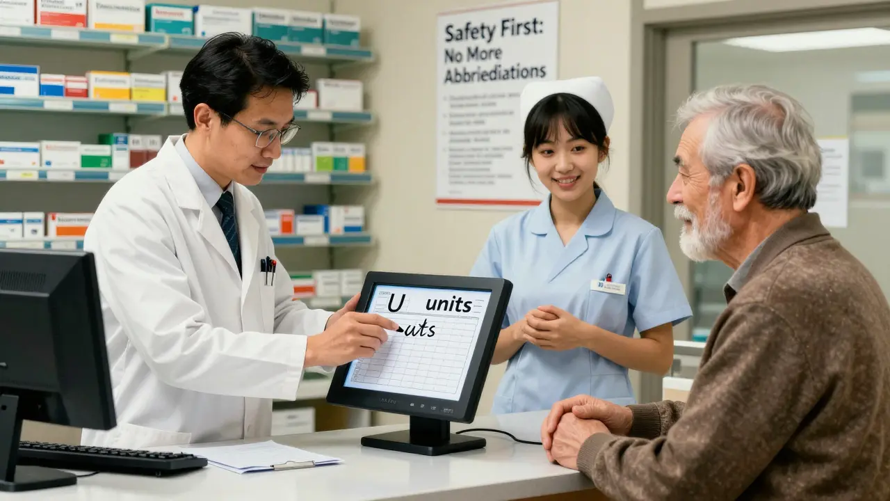 A pharmacist corrects a dangerous abbreviation on a digital screen as a patient and nurse smile in a pharmacy.
