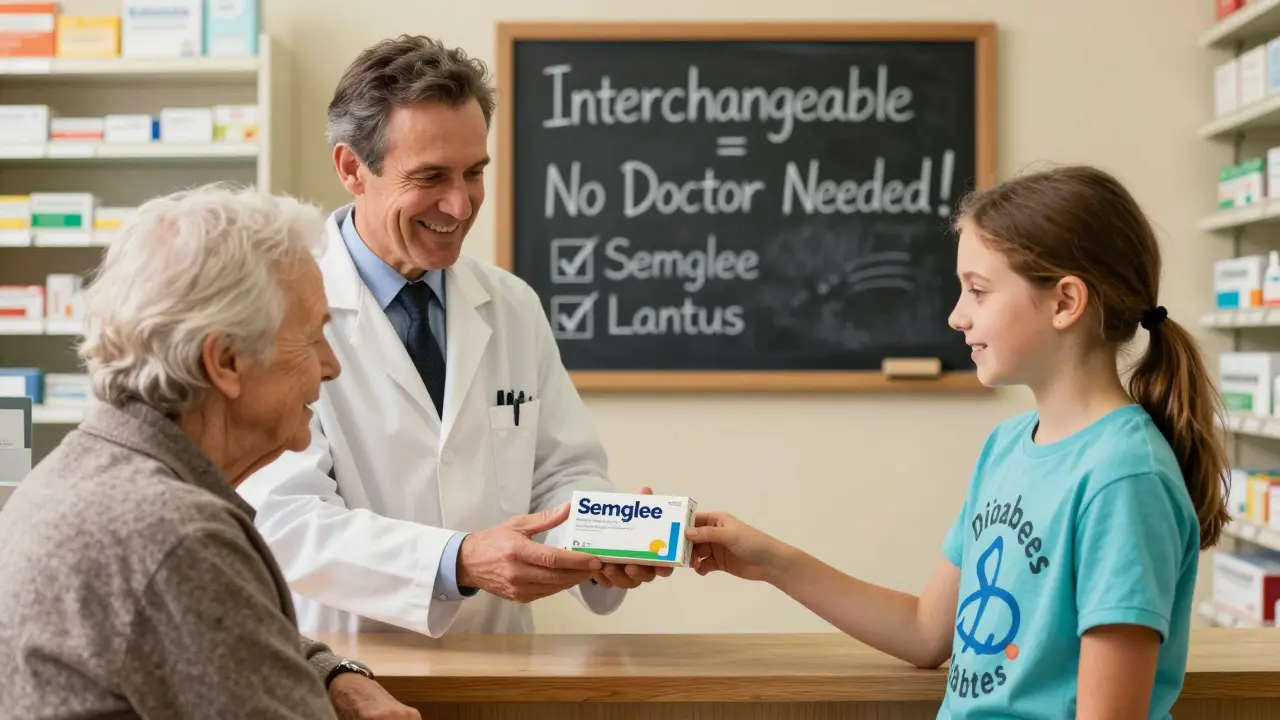 A pharmacist handing a biosimilar insulin box to an elderly patient in a cozy pharmacy.