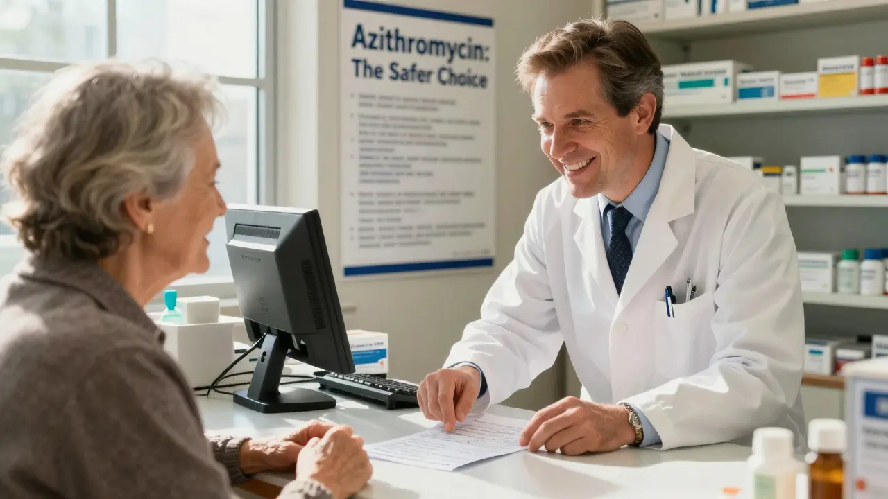 A pharmacist shows a senior patient a medication list, pointing to a poster promoting azithromycin as the safer alternative.