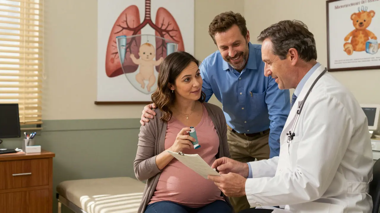 A pregnant woman and two doctors reviewing asthma care together in a warm, detailed medical office.