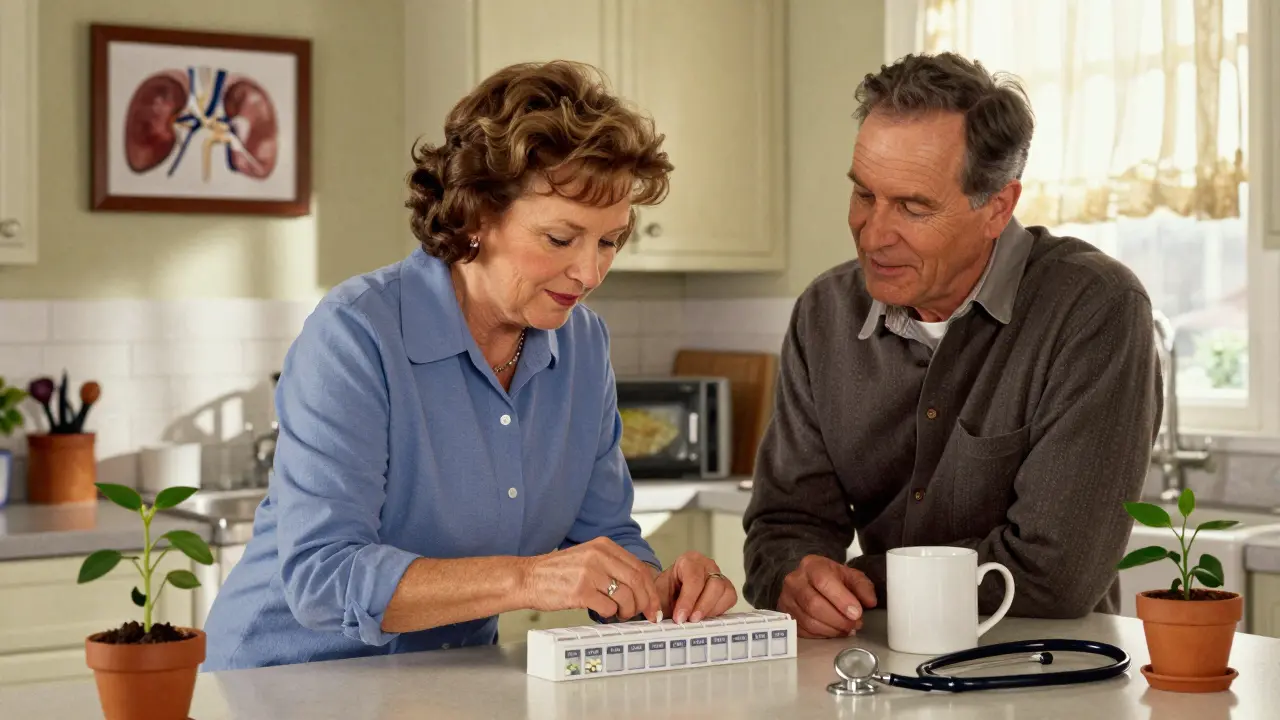A woman organizes her transplant medications in a labeled pill box while her husband watches with support, sunlight streaming through the kitchen window.