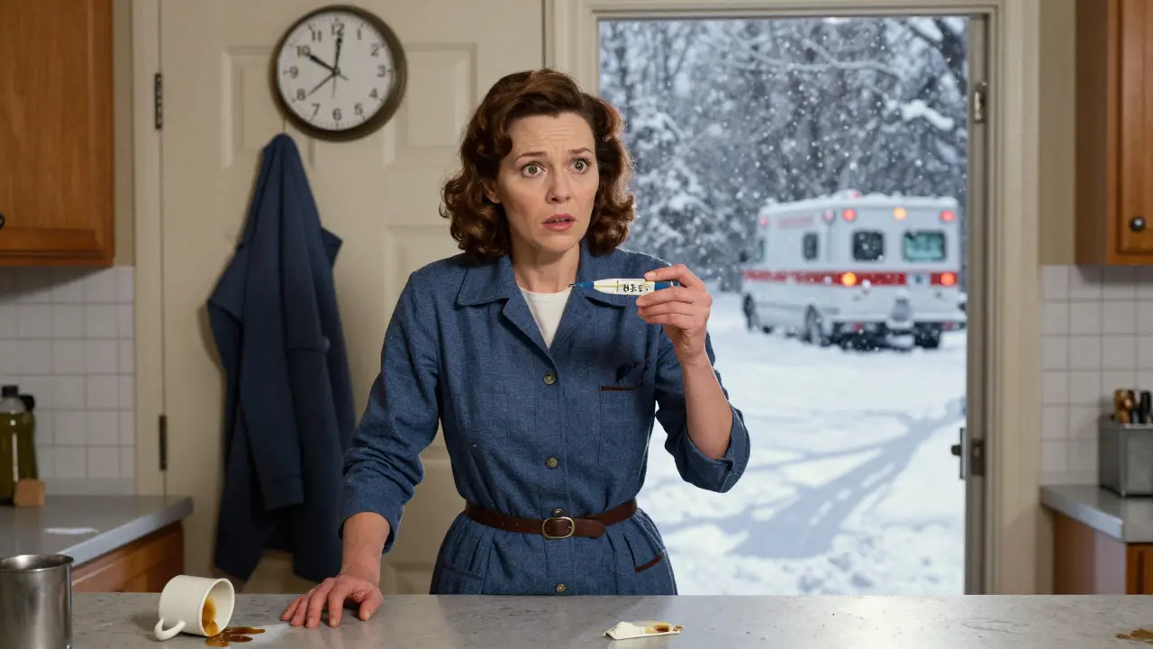 A woman stunned by sudden flu symptoms, thermometer showing high fever in a dark kitchen.