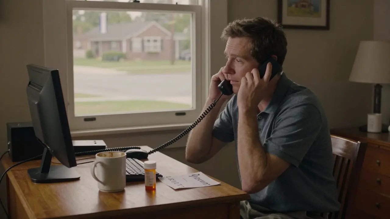 An elderly patient reporting a side effect by phone to MedWatch, surrounded by everyday home details in soft afternoon light.