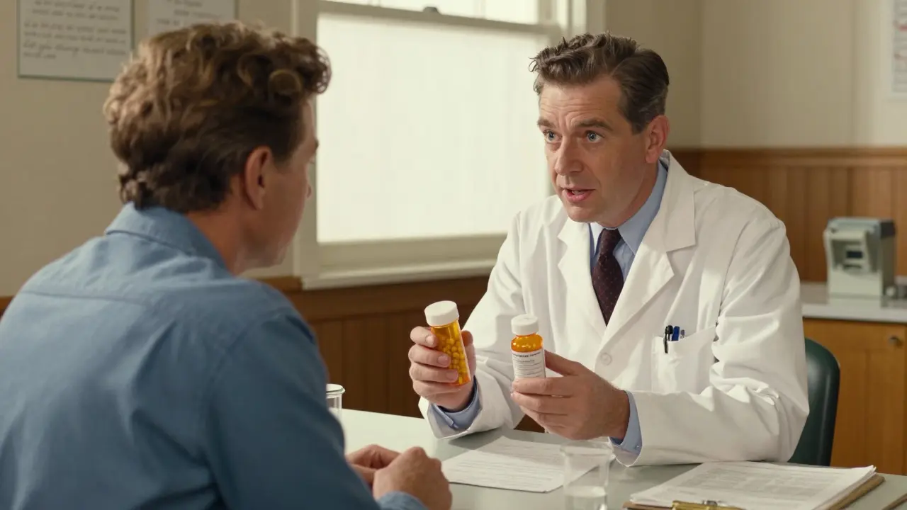 Doctor explaining antidepressant options to a patient in a clinic.