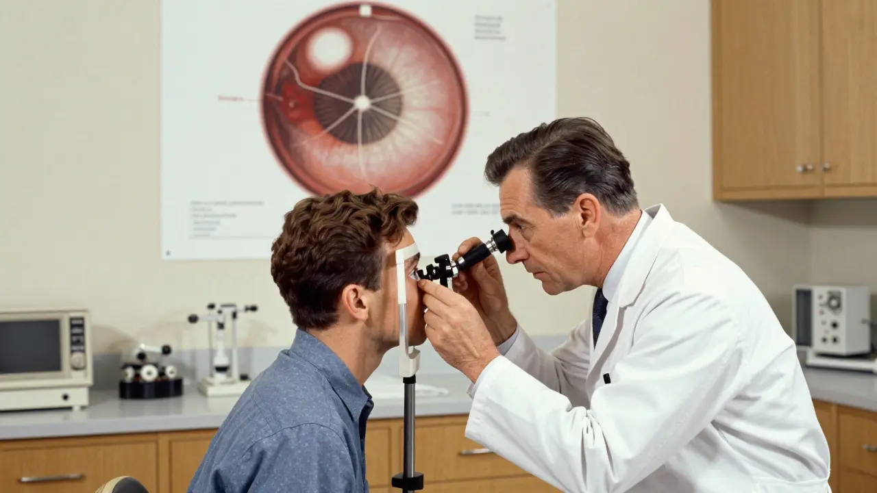 Eye doctor examining a patient's retina with a projected image of detachment on the wall.