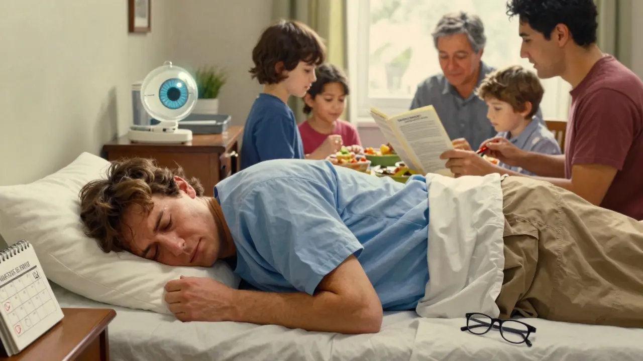 Patient recovering face-down at home, family assisting, with eye diagram and calendar nearby.
