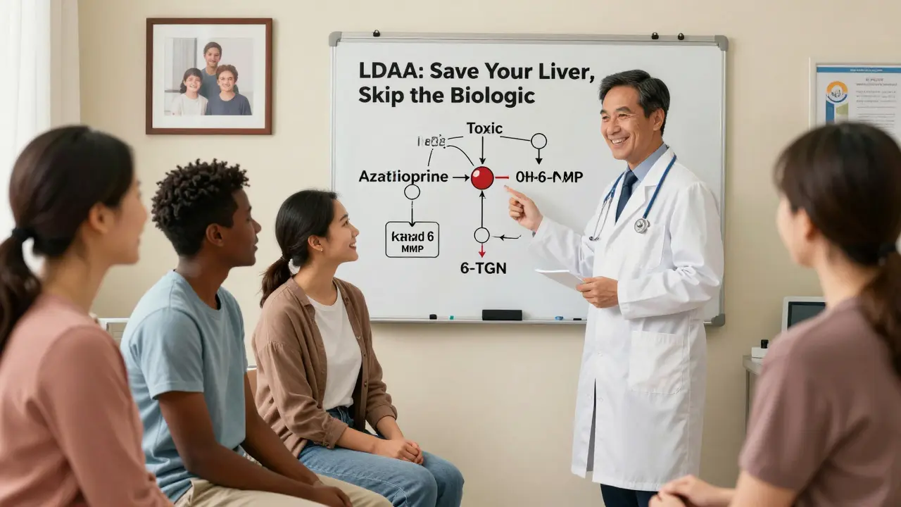 Patients celebrating normalized lab results with doctor at clinic, metabolic pathway diagram visible.