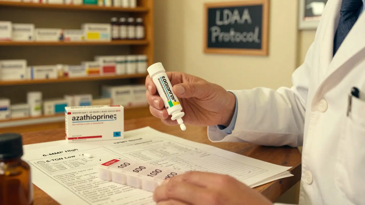 Pharmacist preparing low-dose azathioprine and allopurinol with lab reports on desk.