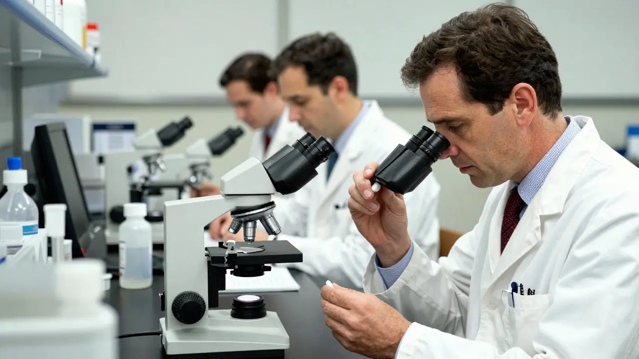 Scientist inspecting tablet samples for quality control in a lab