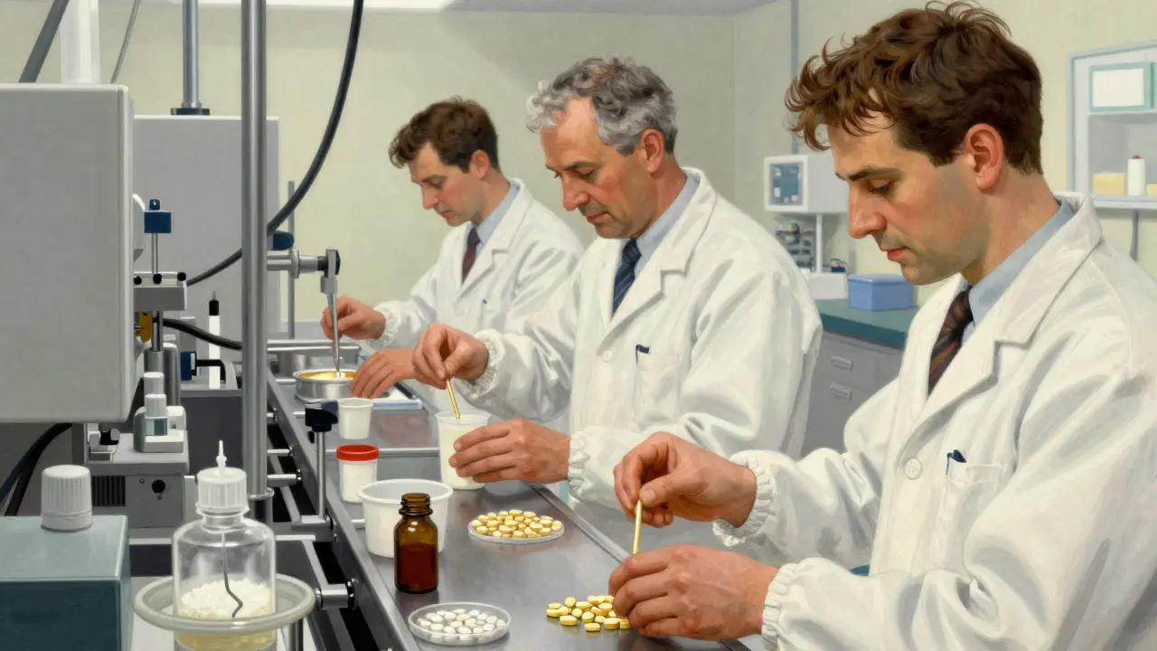 Technicians preparing generic tablets in a cleanroom manufacturing facility