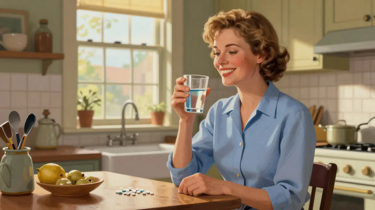 Woman taking bupropion medication for antidepressant side effects.