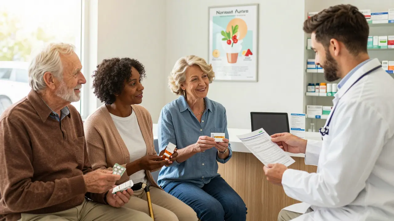 A diverse group of patients receive their medication review summaries in a warm, inviting community pharmacy.