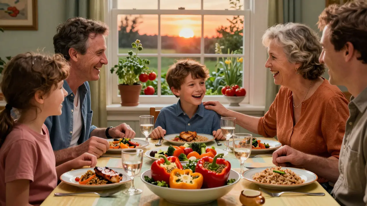 A family shares a plant-forward dinner with vegetables and lentils, laughter filling the room as sunlight streams through the window.