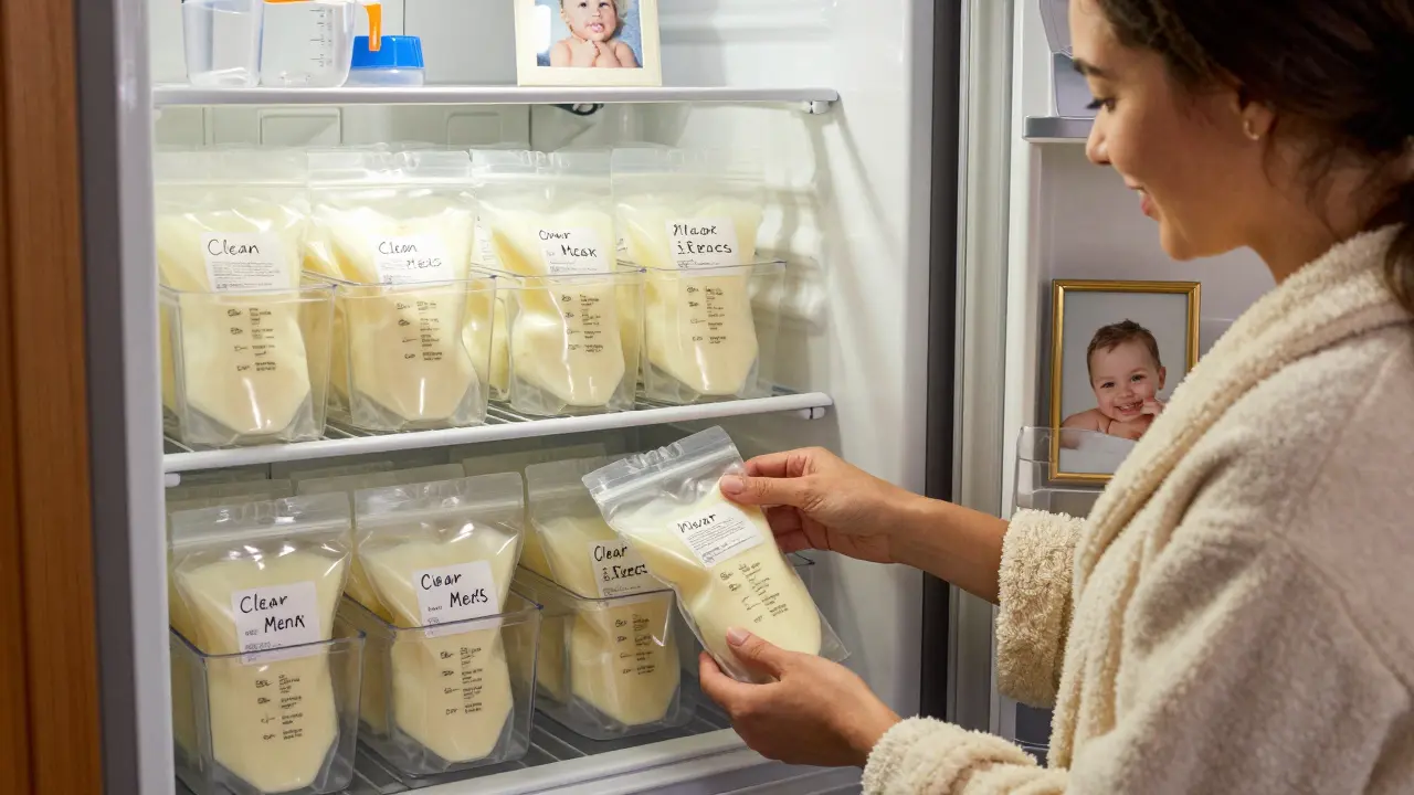 A freezer shelf with three labeled bins of breast milk bags, a mother smiling as she finishes organizing them, framed baby photo on the door.