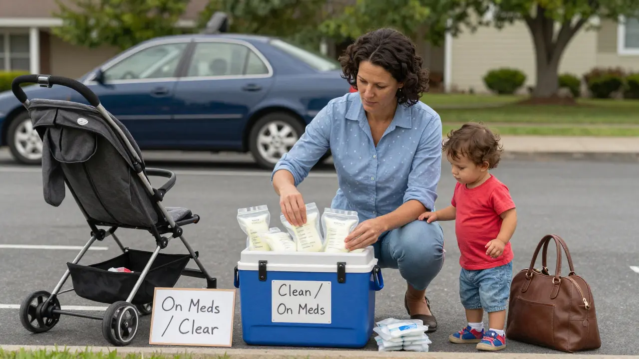 A mother organizing labeled breast milk bags into a portable cooler in a parking lot, her toddler beside her, under soft daylight.