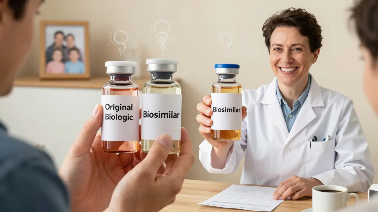 A pharmacist shows two similar vials to a patient, highlighting subtle differences between biologic and biosimilar.