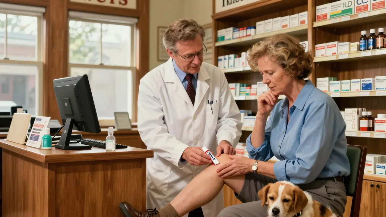 A pharmacist teaches a woman how to use NSAID gel on her knee in a warm, vintage pharmacy.